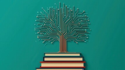 Poster - A stylized tree made of circuit patterns atop stacked books, symbolizing the fusion of technology and knowledge in a modern educational context.