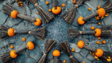Wall Mural - halloween background with pumpkins and witch broom