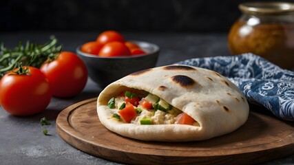 Pita bread filled with vegetables, healthy homemade traditional vegetarian meal food