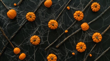 Wall Mural - halloween background with pumpkins and witch broom