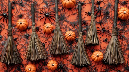Wall Mural - halloween background with pumpkins and witch broom