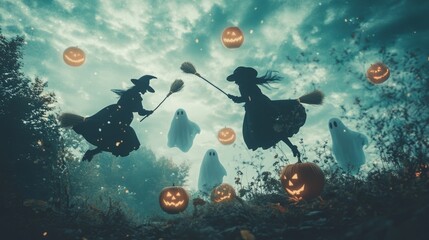 Wall Mural - vector spooky halloween background with bats and witch