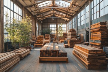 wood workshop, wood planks stacked by size and quality, under airy skylights in a vibrant industrial setting