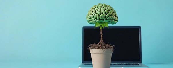 Poster - A creative depiction of a brain-shaped plant emerging from a pot, symbolizing growth, knowledge, and innovation against a modern laptop backdrop.