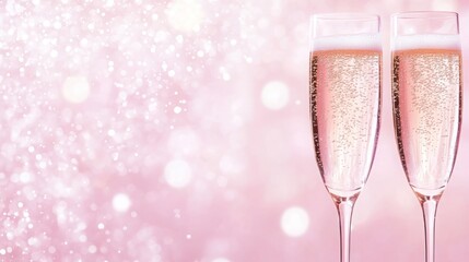 Two elegant champagne flutes filled with bubbly rose sit next to each other, reflecting light against a soft, sparkling pink background, perfect for celebrations and special occasions.