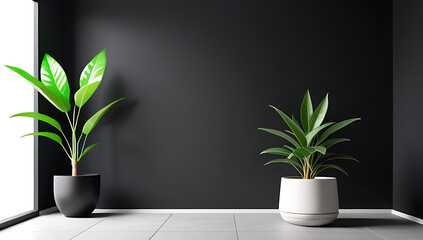 black stucco walls surround rendered pot small green plant cozy room setting