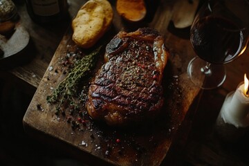 Sticker - Grilled steak garnished with spices and herbs on a wooden cutting board in a rustic setting