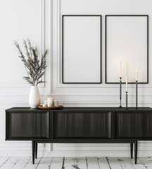 A modern. minimalist living room with a dark wooden console table. two black framed posters. a white vase with dried flowers. and candles