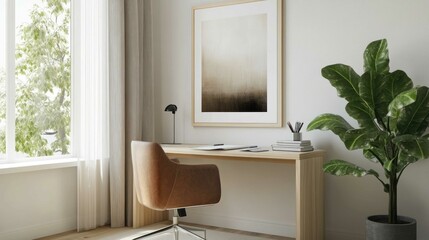 Frame mockup in a minimalist home office, with clean lines, neutral decor, and a plant for a touch of greenery