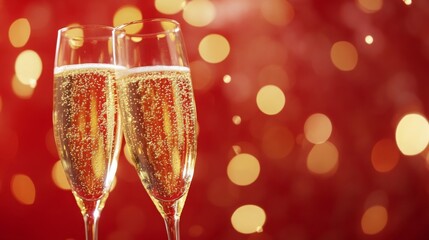 Aufkleber - Two elegant flutes filled with sparkling champagne stand close together, reflecting the warm glow of a festive red background, suggesting a joyous occasion and celebration with friends or family.