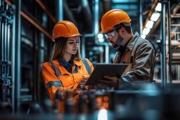 In a factory setting during the evening shift, two workers examine data on a tablet. They wear safety helmets and reflective clothing while discussing important tasks