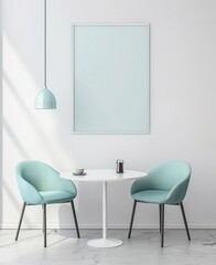 A minimalist interior design with two light blue chairs and a white round table There's a framed picture on the wall. and a light blue pendant lamp hanging above the table Sunlight is coming through