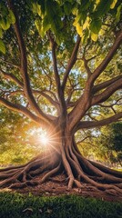 Poster - Photo of A massive tree with thick roots stands tall in a green forest