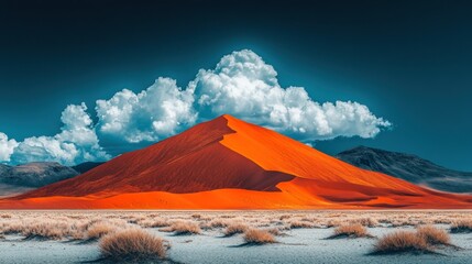 Wall Mural - A large red sand dune rises up against a dramatic blue sky, with white clouds above.