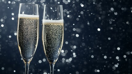 Two champagne flutes filled with bubbly champagne stand against a dark blue background with white bokeh circles.