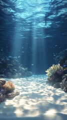 Wall Mural - Bright sunlight filters through clear ocean water, illuminating the sandy seafloor and coral reef