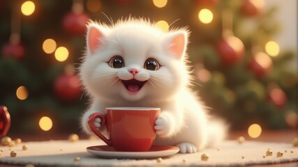 Adorable fluffy kitten joyfully holding a red cup, surrounded by festive bokeh lights and Christmas ornaments, creating a warm holiday scene.