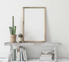 A white wooden bench with a blank frame leaning against it There is a stack of books below the frame and two cacti in pots on the bench The background is a white wall