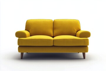 bright yellow armchair with simple design and wooden legs positioned against a white background