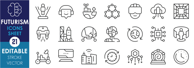 Fototapete - A set of line icons related to Futurism. Hologram, Sustainable living, smart city, VR, AI, Space exploration, time travel, teleport, flying car, and so on. Vector editable stroke.