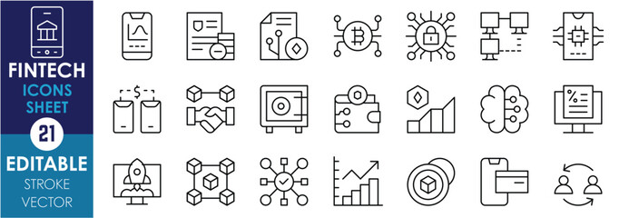 Leinwandbilder - A set of line icons related to Fintech. Graph, crypto, digital, wallet, safe, peer-to-peer, AI, blockchain, and so on. Vector editable stroke.