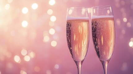 Poster - Two elegant champagne flutes are filled with sparkling rose, set against a soft pink backdrop that shimmers. The image conveys a festive atmosphere, perfect for celebrations and special occasions.