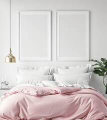 Two empty picture frames mockup on the wall above a neatly made pink bed with white bedding and a golden light fixture