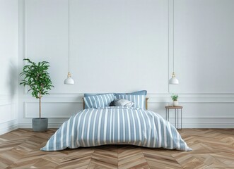 A minimalist bedroom with a white wall. a bed with blue and white striped bedding. a wooden floor. and two pendant lights