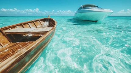 A rustic wooden boat floats alongside a sleek yacht on crystal-clear turquoise water, under a bright sunny sky with scattered clouds, showcasing peaceful maritime life.