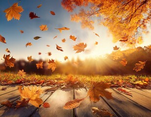 Wall Mural - autumn background with flying leaves and sunlight autumnal nature wallpaper