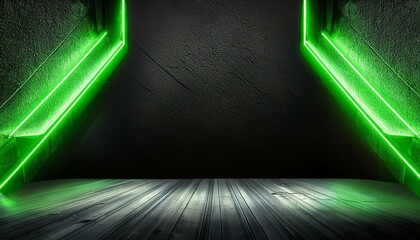 Wall Mural - black concrete room background with green neon lights