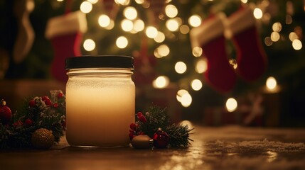 Poster - A jar candle sits on a wooden surface with a blurred Christmas tree in the background. The candle is lit and glowing. There are small Christmas ornaments and evergreen sprigs in front of the candle.