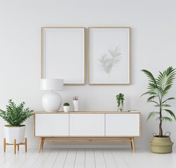 Minimalist living room interior design with white walls. a white cabinet with wooden legs. two framed pictures. a lamp. and plants