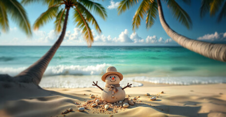 A sand snowman on a tropical beach surrounded by palm trees. An unusual Christmas in a warm climate, combining winter tradition with an exotic holiday destination