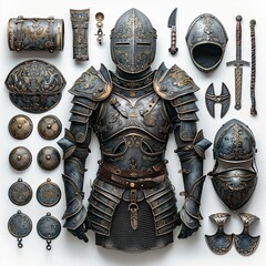 Plate knights armor with elements of equipment. Realistic rich medieval plate clothing for war with full protection of body for war and tournament