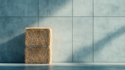 Two hay bales are neatly stacked against a concrete wall, illuminated by soft daylight, creating a peaceful and minimalist indoor pastoral scene.