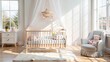 ©  VladaToday - Cozy minimalist baby nursery with a wooden crib, plush toys, and soft sunlight filling the room. Modern and bright interior design perfect for a calm and peaceful environment...