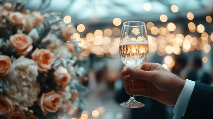 A hand holds a glass of champagne, capturing a toast at an elegant evening event, surrounded by softly glowing lights and exquisite floral arrangements.