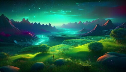 Wall Mural - green landscape view with neon light