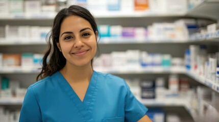 Smiling pharmacist in blue scrubs standing in a well-stocked pharmacy, ready to assist customers with their medication needs.