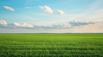 Vibrant green field under a bright blue sky with fluffy clouds, showcasing the beauty of nature and serene landscapes.