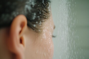 A woman showers in a modern bathroom, directing water from a handheld showerhead towards the camera