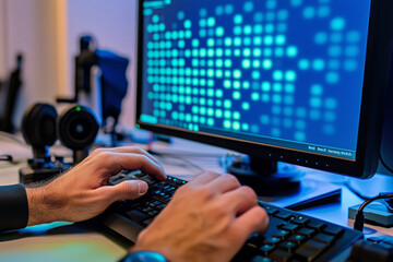 Wall Mural - close-up of a modern braille display device connected to a computer, with a visually impaired person