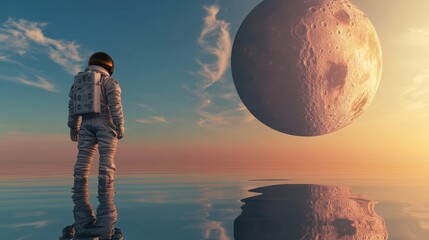 space suit man standing on water with reflection of large orange moon and blue sky.