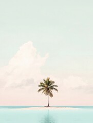 Poster - A tranquil tropical island showcases a lone palm tree, embraced by crystal-clear waters and a serene pastel sky, inviting peaceful reflection. Generative AI