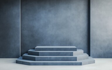 Poster - Dark blue multitier podium in a minimalist room, soft lighting, sleek modern design, clean lines and textures, multilevel stage, modern minimalism
