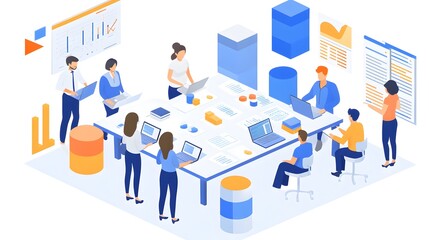 Wall Mural - Diverse individuals collaborating in a modern office meeting environment.