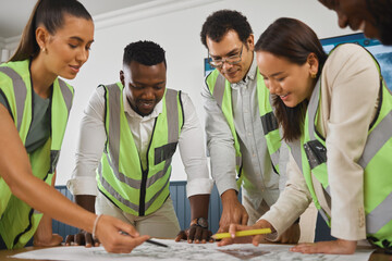 Poster - Architect, blueprint and team discussion in meeting for building, construction project or collaboration. Group, people or engineers with floor plan design, sketch or drawing for development in office