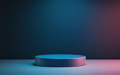 Poster - Minimalist blue circular podium in a dark room, futuristic lighting, sleek and modern design, simple yet elegant, blue podium, minimalist stage