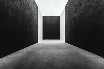 Poster - Modern minimalist interior with stark black walls and a central light space.